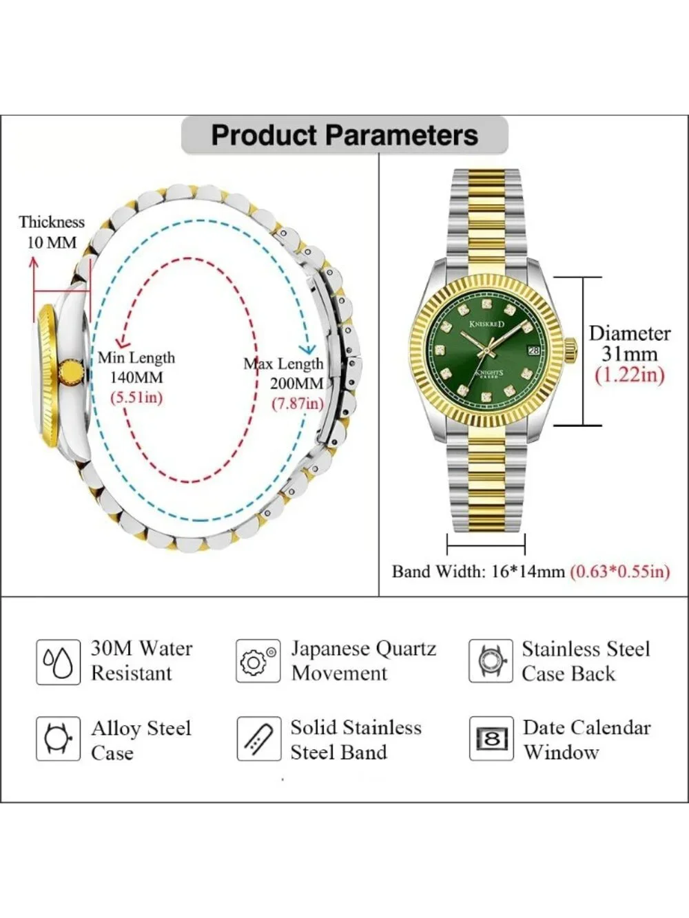 Women's Silver Green Crystal Accented Dial Solid Stainless Steel Band Wristwatch